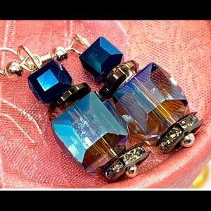 🧊💙Blue cubed earrings with silver hooks-made by me